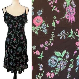 RARE Vintage 90s Y2K Betsey Johnson New York Sheer Mesh Floral Ruffle Slip Dress